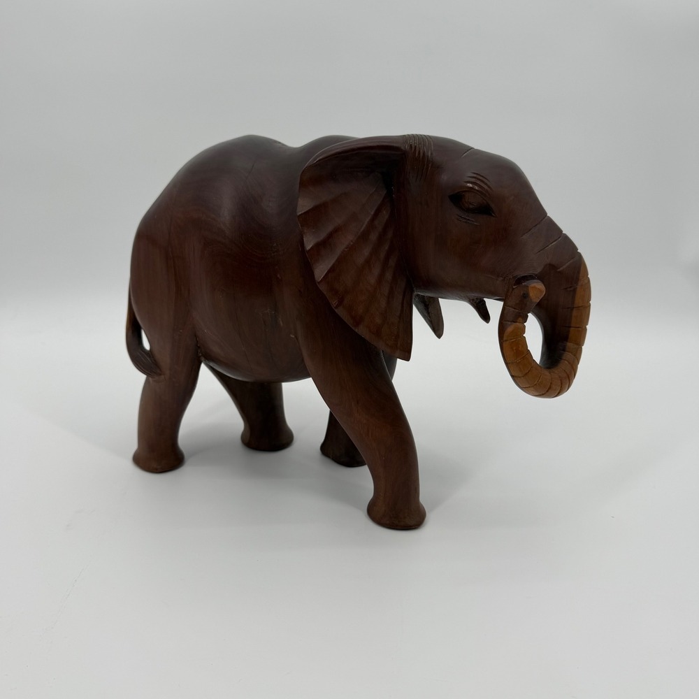 Vintage Hand Carved Solid Wood Elephant Figurine Large 12 Inch Sculpture Decor